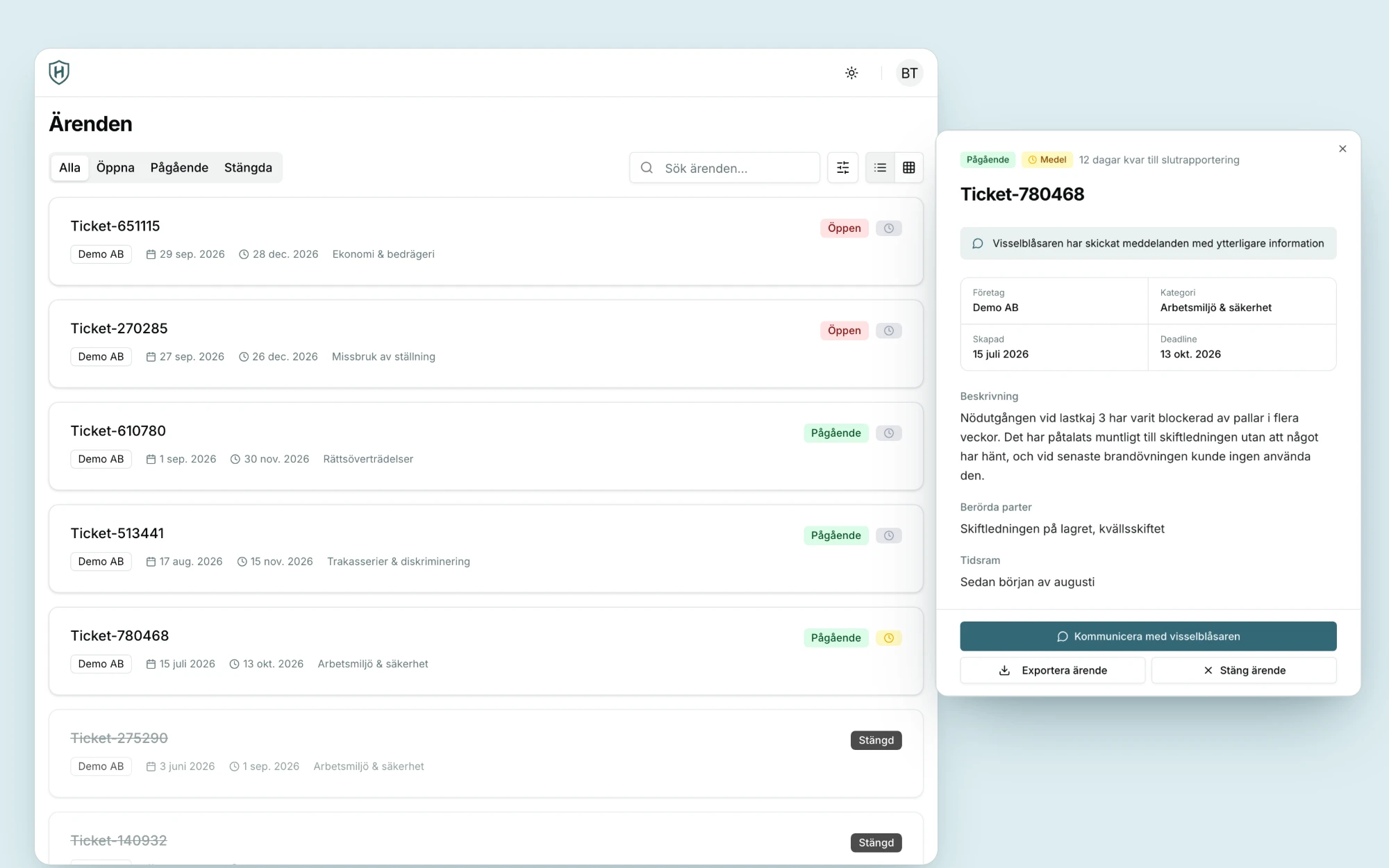 Heimdal visselblåsarsystem dashboard